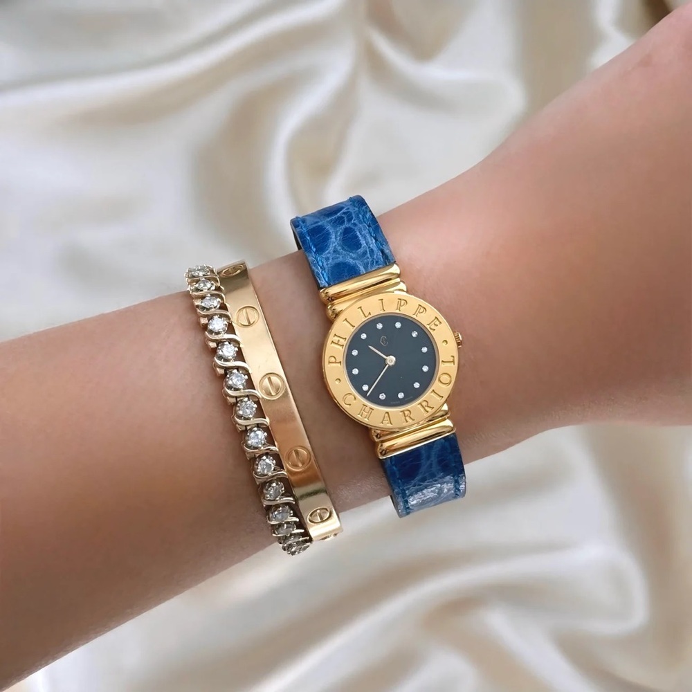 AUTHENTIC VINTAGE PHILIPPE CHARRIOL DIAMOND BLUE LEATHER WATCH